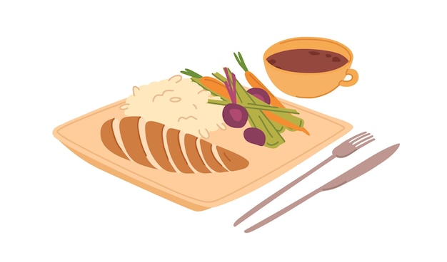 Gesneden kipfilet, rijst en verse groenten geserveerd op bord met theekopje. Gezond uitgebalanceerd gestoomd voedsel voor lunch of diner. Gekleurde platte vectorillustratie geïsoleerd op een witte achtergrond.