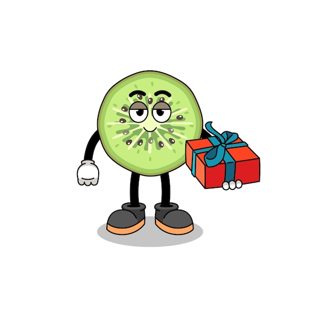 Gesneden kiwi mascotte illustratie die een geschenk geeft