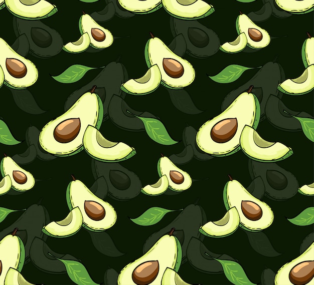 Gesneden vectoravocado met bladeren naadloos patroon.