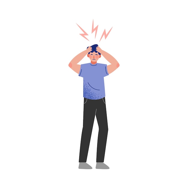 Vector gespannen man houdt zijn hoofd vast met zijn handen met bliksem over zijn hoofd vector illustratie