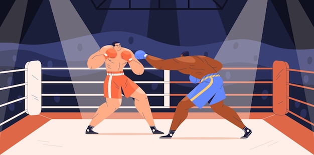 Gespierde boksers vechten op boksring. Sparring van sterke vechters in korte broek en handschoenen op sportarena. Vechter slaat zijn tegenstander. Gekleurde platte cartoon vectorillustratie van worstelen.