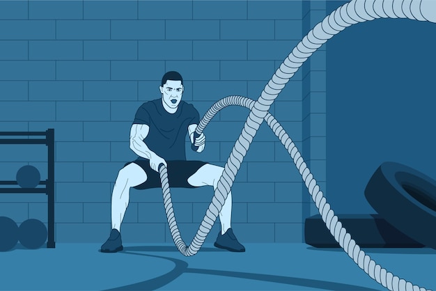 Gespierde man doet touw crossfit trainingsoefeningen Gekleurde vectorillustratie Atleet mannelijke trein