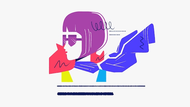 Gestileerd portret van een vrouw met bobcut en zonnebril in levendige kleuren