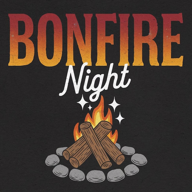 Gestileerde geïllustreerde afbeelding met een donkere achtergrond met de tekst BONFIRE Night bovenaan
