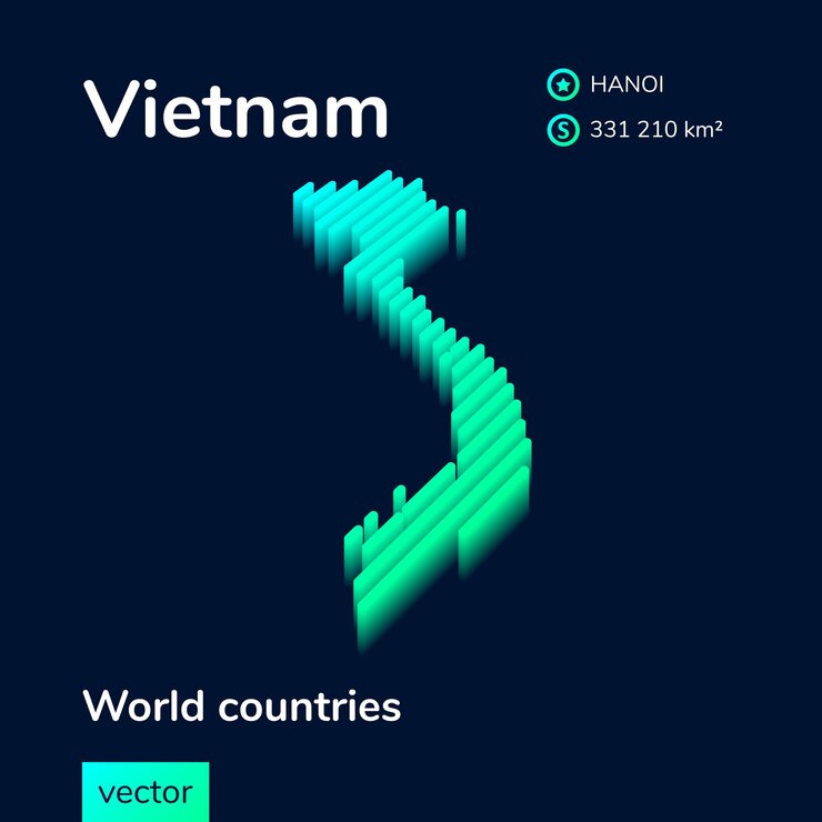 Gestileerde gestreepte isometrische neon Vietnam 3D-kaart in groene en mintkleuren op de donkerblauwe achtergrond