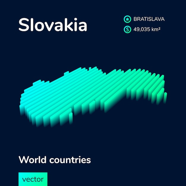 Gestileerde gestreepte neon isometrische vector Slowakije 3D-kaart is in groene kleuren op donkerblauwe achtergrond