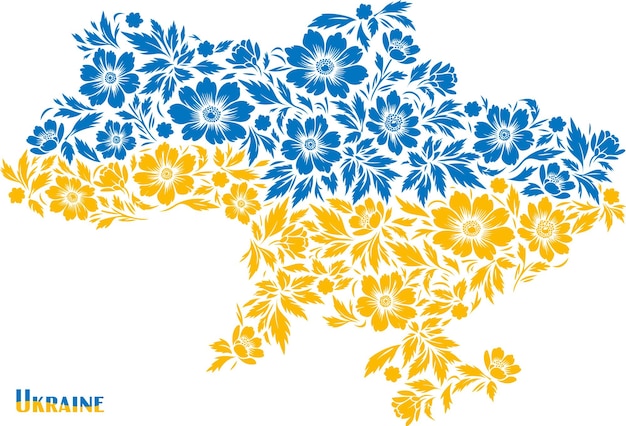 Gestileerde kaart van Oekraïne met gele en blauwe bloemen vector tekening