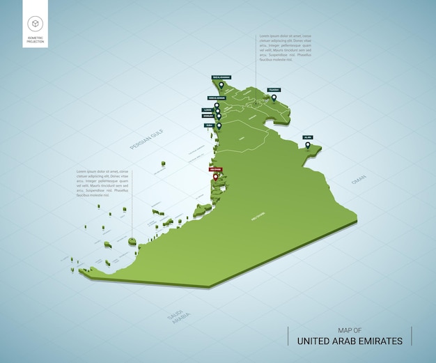 Gestileerde kaart van Verenigde Arabische Emiraten. Isometrische 3D-groene kaart met steden, grenzen, hoofdstad Abu Dhabi, regio's.