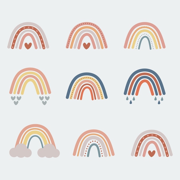 Gestileerde met de hand getekende regenboogillustraties met decoratieve details en neutrale kleuren