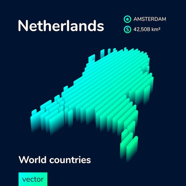 Gestileerde neon isometrische gestreepte vector nederland 3d-kaart in groene kleuren op de zwarte achtergrond