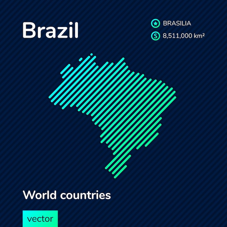 Gestileerde vector platte kaart van Brazilië in neon groene kleuren op gestreepte donkerblauwe achtergrond.