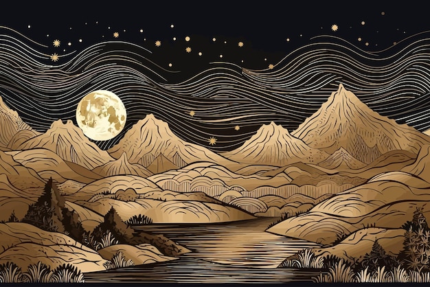 Gestileerde zwarte inktwas schilderij van bergen in traditionele oosterse minimalistische Japanse stijl vectorillustratie