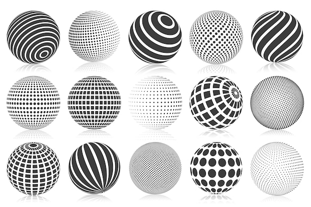 Gestippelde halftone 3d-bol. gestreepte, gestippelde en geruite 3d-bollen, abstracte bolballen