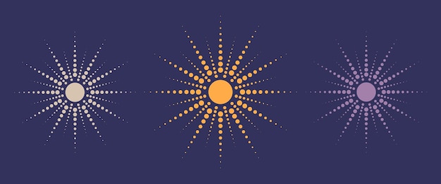 Vector gestippelde zonnestralen, set collectie. vintage sunburst-achtergrond, logo-ontwerp, halftooneffect