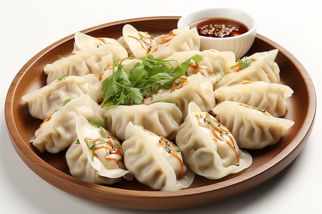 Vector gestoomde dumplings in bamboe mandje op houten tafel achtergrond dumpling bamboe chinese schotel terug