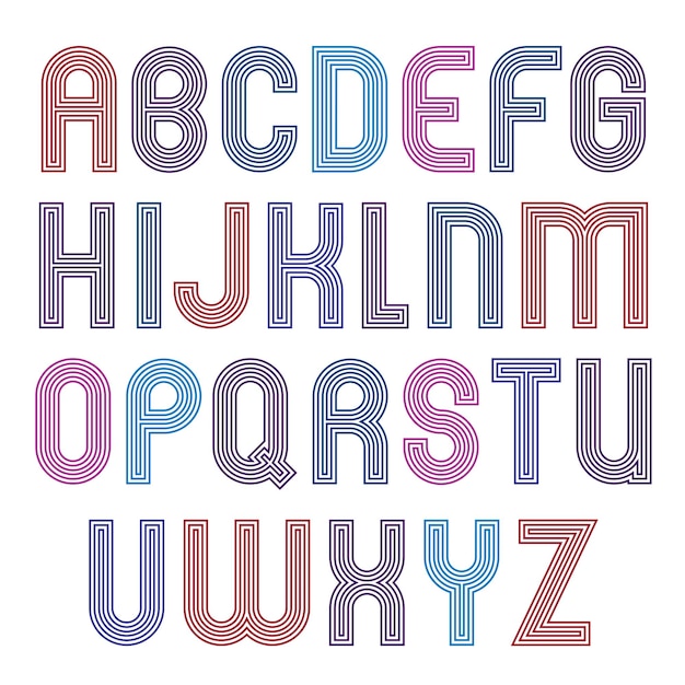 Gestreept kleurrijk geometrisch lettertype, retro stijlvol lettertype gemaakt van parallelle lijnen. buitengewone vector hoofdletters collectie.