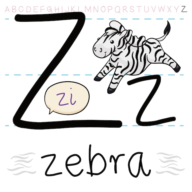 Gestreepte galopperende zebra die vandaag naar zijn laatste abecedary-klasse rent, is voor de letter 'Z'