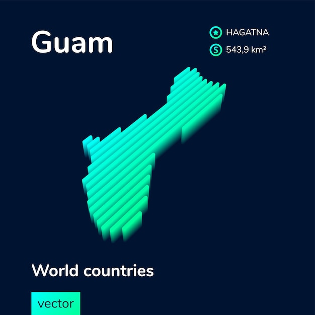 Gestreepte isometrische neon vector Guam-kaart in trendkleuren Geografie infographic postersjabloon