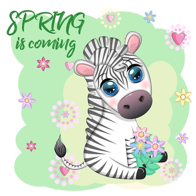 Gestreepte zebra in een bloemenkrans met een boeket De lente komt eraan