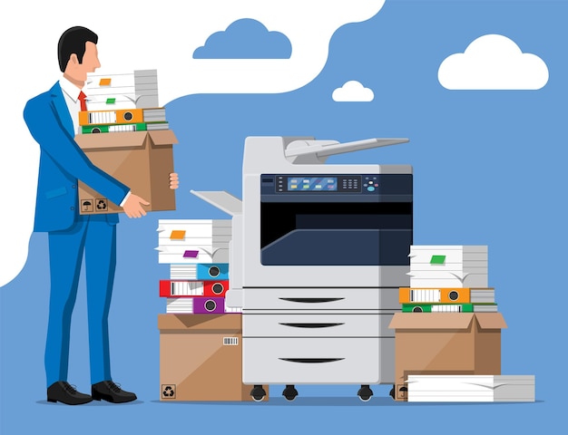 Gestresste zakenman houdt stapel kantoordocumenten vast. Overwerkte zakenman met stapels papieren. Kantoor printer machine. Stress op het werk. Bureaucratie, papierwerk, big data. Platte vectorillustratie