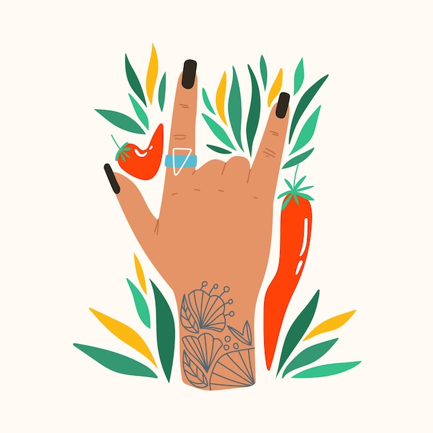 Жест с цветами и листьями Модная плоская композиция с рок-н-ролльной рукой с татуировкой