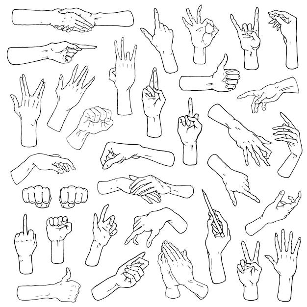 Gestures arms stop palm thumbs up finger pointer ok like and pray or handshake fist and peace or rock n roll engraved hand drawn in old sketch style vintage collection of emotion and signs