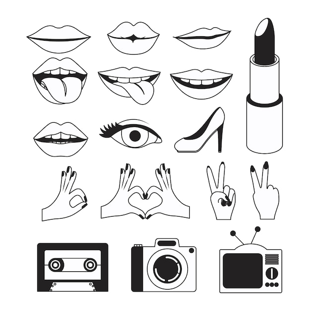 Vector gestures icons and pop art elements in white background