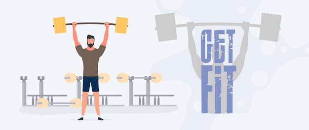 Get fit banner. the guy raises the barbell. a man holds a dumbbell. workout, weight loss. the concept of losing weight and a healthy lifestyle. vector.