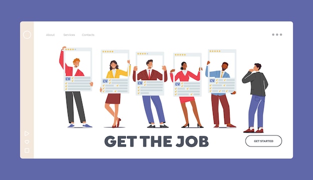 Get the Job Landing Page Template Unemployed Characters Holding Resume Paper Sheet With Avatar and Skills Job Seekers