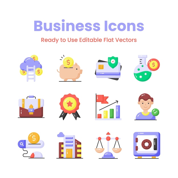 Get your hands on this beautifully designed business icons set in trendy style ready to use vectors
