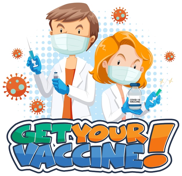 Ottieni il tuo banner di carattere vaccino con due personaggi dei cartoni animati di medici