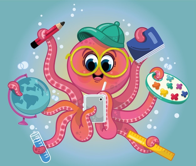 Getalenteerde octopusstudent klaar voor school vectorillustratie