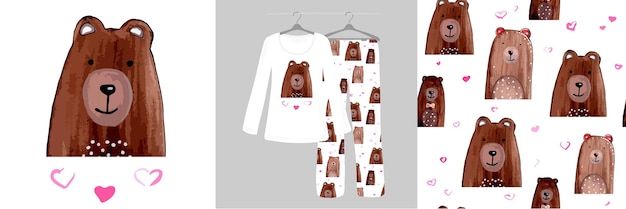 Getekende beren naadloze patroon aquarel pyjama