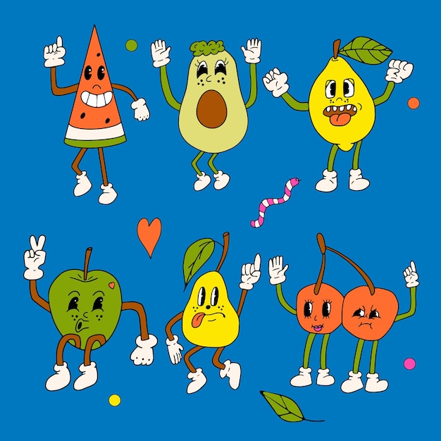 getekende cartoon modevormgeving van de jaren '70. Cartoon fruit. Vector fruit set.