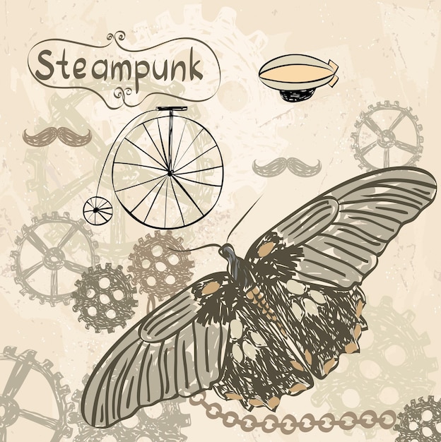 Getekende illustratie van een vlinder in stijl steampunk