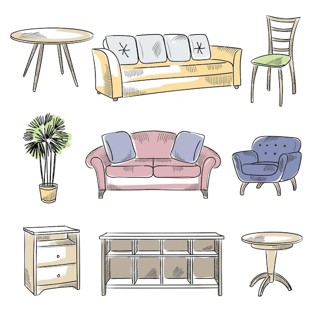 Getekende meubels Technische schetsen van stoelen bedden kledingkast recente vector geïsoleerde objecten voor design interieurkamers
