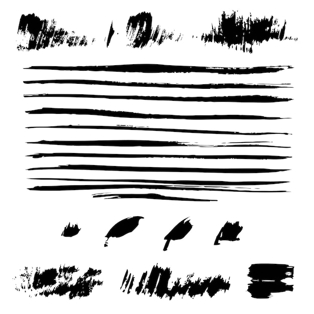 Getextureerde abstracte dunne lange penseelstreken zwart geïsoleerd op een witte achtergrond