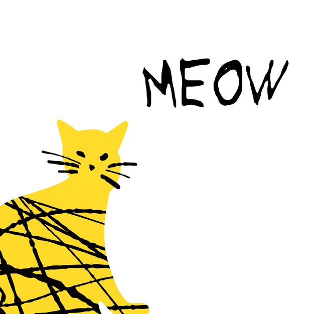 Getextureerde schattige kat illustratie gele en zwarte kleur met tekst Meow geïsoleerd op wit
