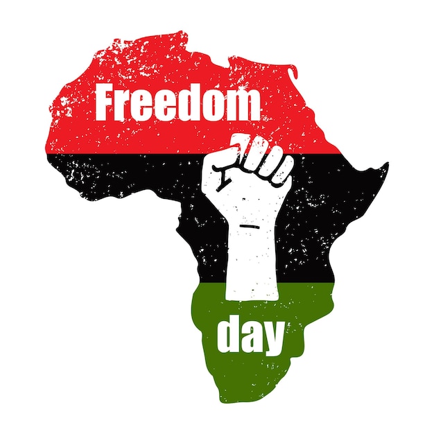 Vector getextureerde silhouet van afrika in de kleuren van de zwarte geschiedenis maand vlag een gebalde vuist symboliseert vrijheidsdag en afro-amerikaanse onafhankelijkheidsdag vector illustratie geïsoleerd op wit