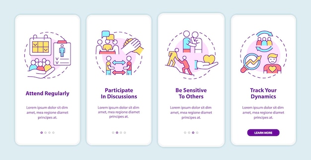 Getting the most from support group onboarding mobile app screen. Walkthrough 4 steps graphic instructions pages with linear concepts. UI, UX, GUI template. Myriad Pro-Bold, Regular fonts used