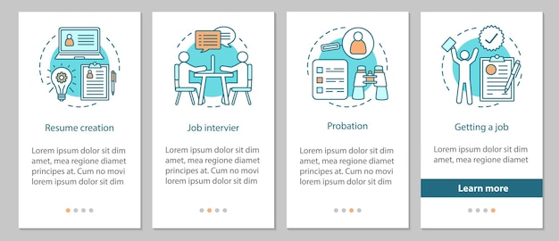 getting new job process onboarding mobile app page screen with linear concepts. resume creation, job interview, probation steps graphic instructions. ux, ui, gui vector template with illustrations