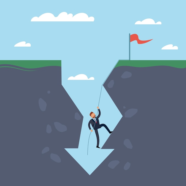 Getting out of difficult circumstances Businessman is getting out of hole way out of crisis path to goal with obstacles business direction Vector cartoon flat isolated concept