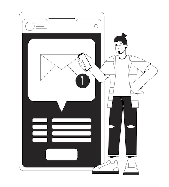 Getting text message bw concept vector spot illustration Notification Man holding smartphone 2D cartoon flat line monochromatic character for web UI designeditable isolated outline hero image