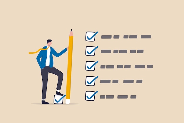 Getting things done completed tasks or business accomplishment finished checklist achievement or project progression concept businessman expert holding pencil tick all completed task checkbox