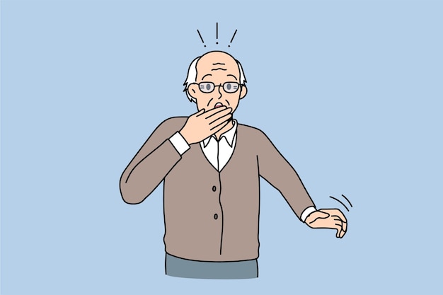 Getting virus and coughing concept. Mature elderly aged man standing covering mouth with hand coughing or getting surprised vector illustration