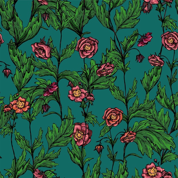 Geum Rivale flowers, wild plants decorative ornament. Hand drawn vector seamless pattern. Floral design for background, wrap, textile, wallpaper.