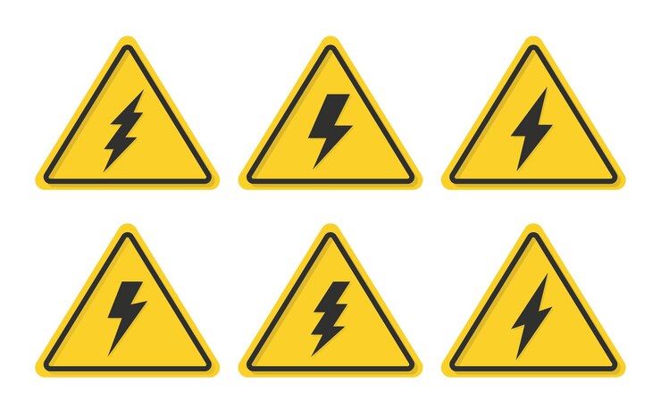 Vector gevaar hoogspanning geel teken hoogspanning met bliksemschicht iconen set