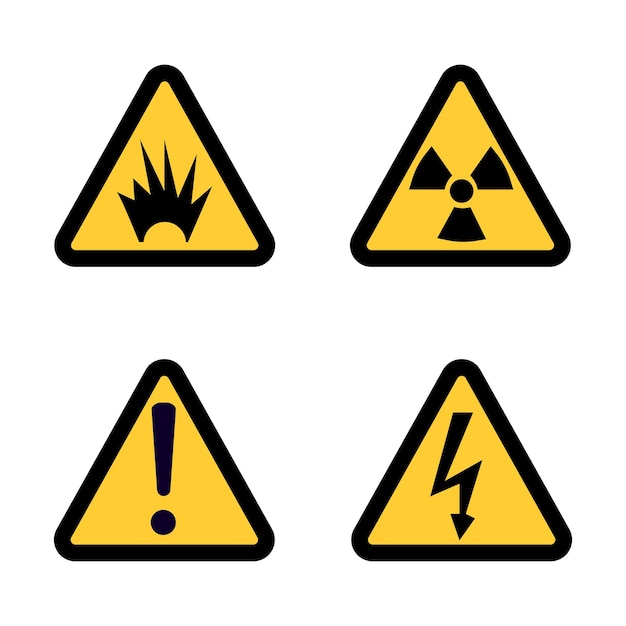 Gevaar waarschuwingsbord pictogrammenset op witte achtergrond platte ontwerp vector