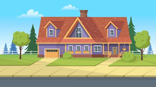 Gevelgebouw, huis in de voorsteden met garage en groen gazon. Cartoon vectorillustratie voor games of animatie.