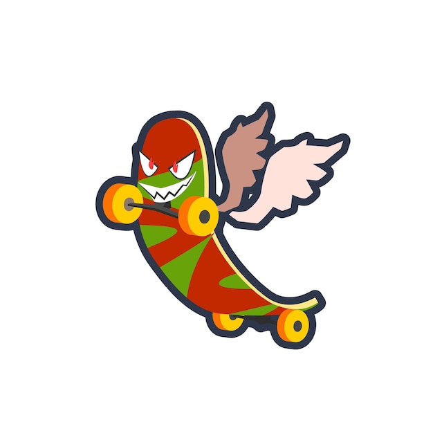 Gevleugeld Skatebord Cool karakter geschetst platte Vector Logo kleurrijk ontwerp geïsoleerd op een witte achtergrond